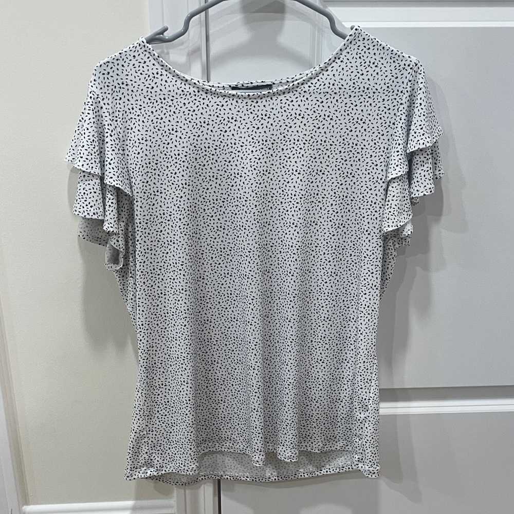 Adrianna Papell White and Black Dotted Ruffle Blouse